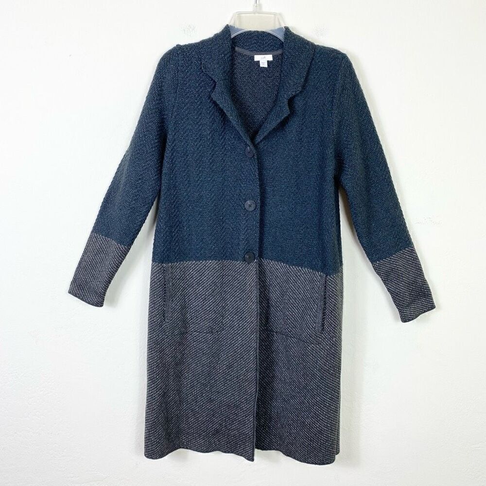J. Jill Navy & Grey Colorblocked Knit Sweatercoat Duster Jacket Size S Petite